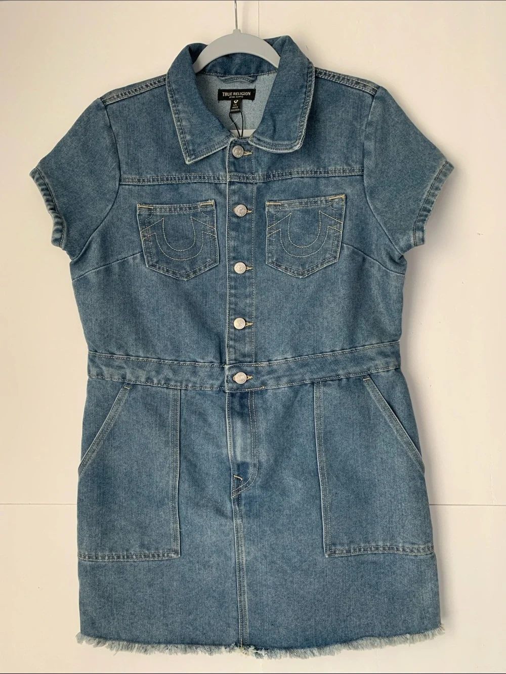 NWT True Religion Washed Blue Short Sleeve Denim Dress Size L